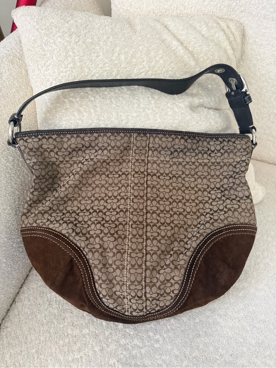 Coach Handbags - Coach Brown Signature Monogram Canvas & Suede Hobo with Black Strap